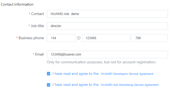 此处的电话不作为HUAWEI Ads账户登录凭证。