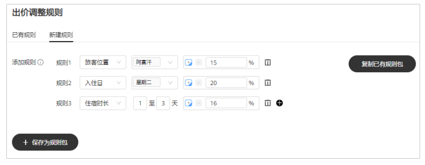 通过设置出价调整规则，您可以根据旅客位置、入住日（星期几）和住宿时长对指定用户在基准出价的基础上进行价格调整。